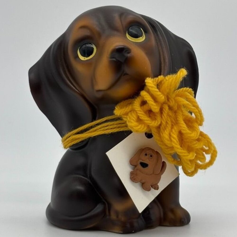 Vintage Nanco Ceramic Puppy Figurine Dark Brown W/Yellow Bow & Puppy Lapel Pin~~